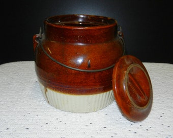 Sale~ Antique Stoneware Bean Crock~ baked bean pot~ Covered Bowl with Bail Handle~ Brown Pottery Storage Jar early 1900s Farmhouse Kitchen