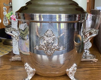 Baroque Towle #2942 Exquisite Weighted Silver Plate Champagne Bucket, Ice Bucket w/ Glass Liner, Gasket~ Ornate Lid, Handles & footed legs
