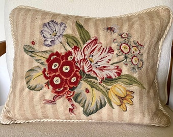 17” Needlepoint Pillow & Cording ~ French Country Sofa Decor~Rectangle Pillows, 100% Wool Petite Needlework~ Lovely Vintage Floral Bouquet