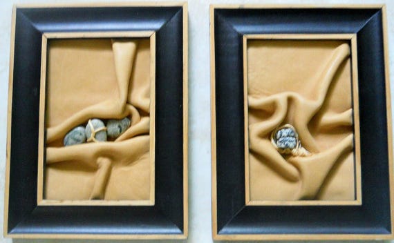 2 Southwestern Framed Artwork ~ Natural Leatherwork & River Rock Art -Handmade 3D  Organic Minamalist Wall Decor~ Hand Made, Artist M. Clark
