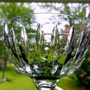 May include: A clear glass goblet with a cut crystal design. The goblet is empty and reflects the green foliage in the background.
