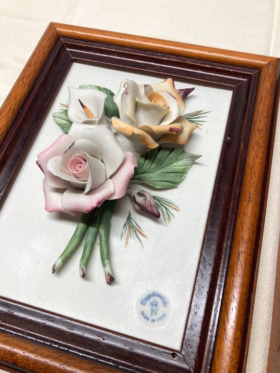 8”x6” Framed, Pair of Italian Capodimonte Flower Bouquets, Vintage