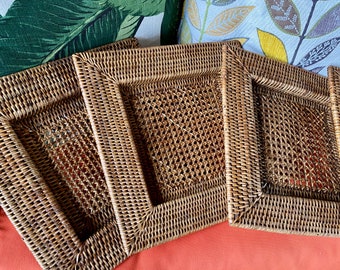 4 square rattan placemats ~ Boho Table Mats~ Vintage New Farmhouse Kitchen Table Placemat Settings~ neutral tablescape~Caspari double woven