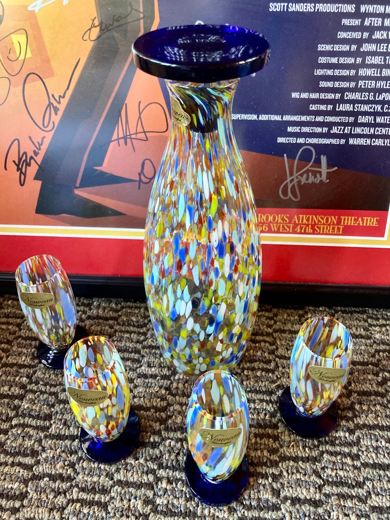 Colorful confetti, Murano style hand blown Liqueur decanter set Wine Carafe, Small glasses, set of 4 Colorful Glass Italian Barware image 1