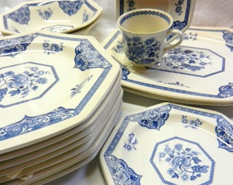 China Set for 8~ 52 Pcs~ Rare Octagon Floral Blue White Chinoiserie Asian J&G Meakin Old Peking~ Vintage Ironstone Staffordshire England