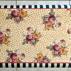 Vintage MacKenzie Childs 34 New Vinyl Kitchen Mat, Rubber backing NOS Torquay Kelp/Bloomsberry Pattern, Courtly Enamel Looking Striped Edge image 6