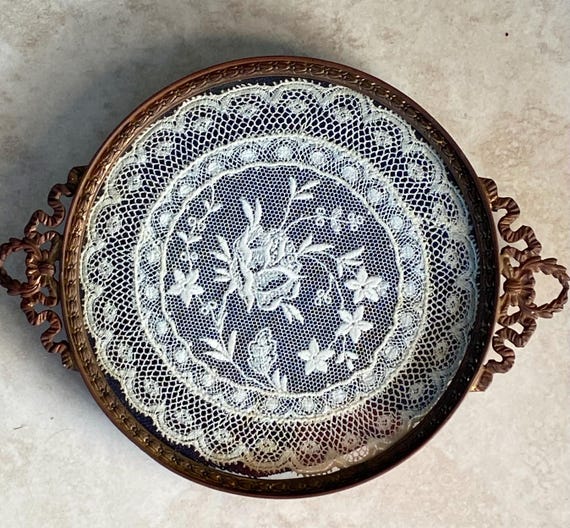 Sale~ Victorian Lace Perfume Tray~Vintage 5” footed Vanity Round Glass, metal side  Handmade Doily Display Dish~ French Perfum Bottle Holder