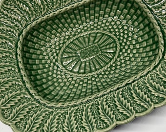 Bordallo Pinheiro basketweave Embossed Serving Bowl ~French Country Dining Decor~Green Vine floral Kitchen ~Majolica Portugal