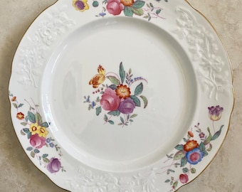 9 Spode 11” Christine Dinner Plates~ lovely Floral Sprays of vibrant flowers, embossed white porcelain plate set~ Signed Made in England