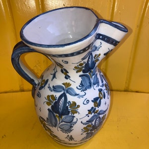 Gvertes Sevilla Spain Hand Painted Majolica Style Spanish Pottery~ Water Pitcher, Folk Art Blue Pottery - Vintage Kitchen  Pottery
