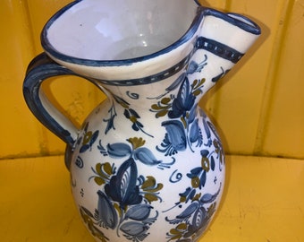 Gvertes Sevilla Spain Hand Painted Majolica Style Spanish Pottery~ Water Pitcher, Folk Art Blue Pottery - Vintage Kitchen  Pottery