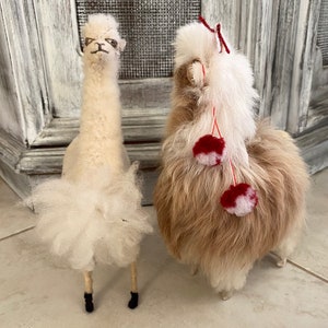 2 Llamas Super Fluffy Real Soft Fur Handmade Long Neck Alpacas Standing with Peruvian Details Stuffed Animals, from Peru image 1