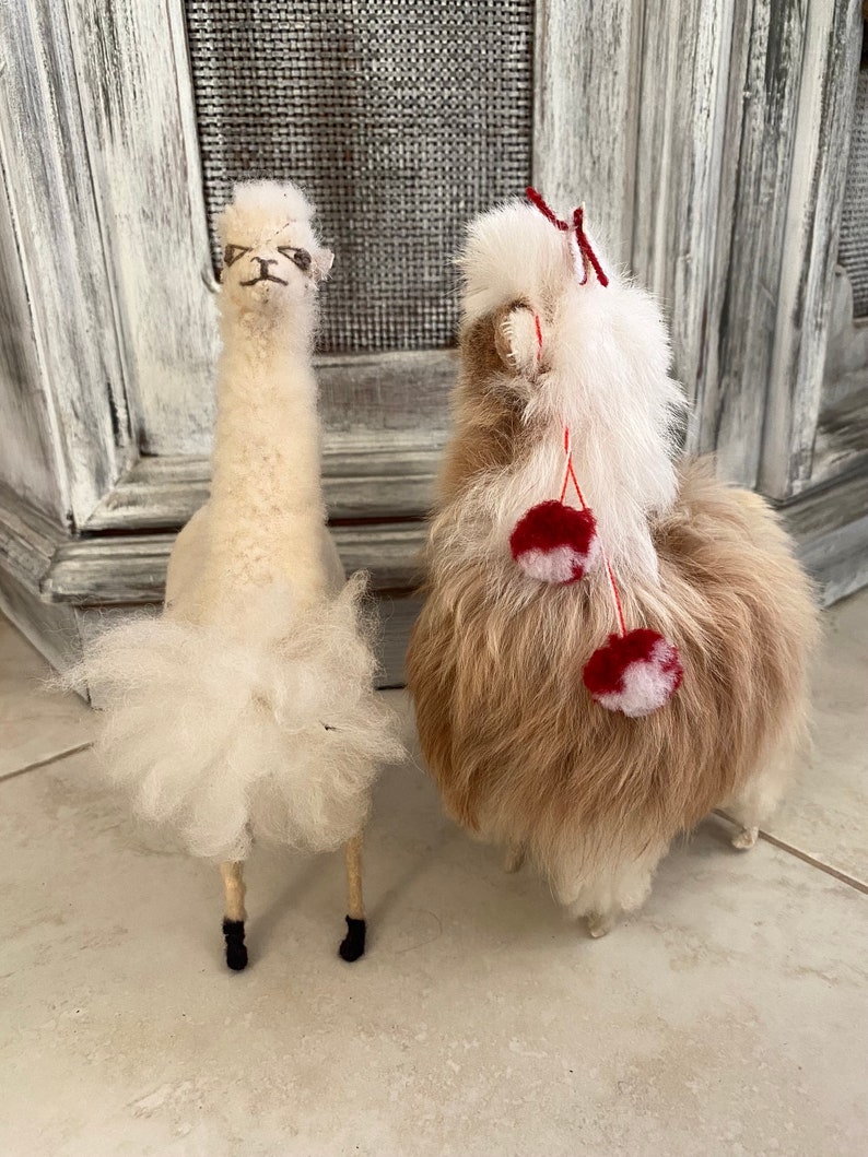 2 Llamas Super Fluffy Real Soft Fur Handmade Long Neck Alpacas Standing with Peruvian Details Stuffed Animals, from Peru image 1