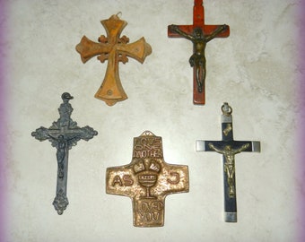 old mixed Cross Pendants~ Lot of Pectoral Crucifix Crosses ~ Trinity Religious collection~ Antique Church shrine prayer collection
