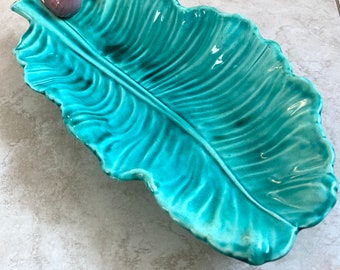 Sale~Large footed Dish~ turquoise green Fern Pod oblong footed bowl~ Majolica Plantation Leaf Palm centerpiece tray~Mid Century California