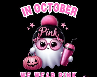 In October We Wear Pink PNG, Pink ghost PNG, Breast Cancer Awareness Design, Halloween Mug PNG, Fight Cancer Art, Pink Cute Ghost Clipart