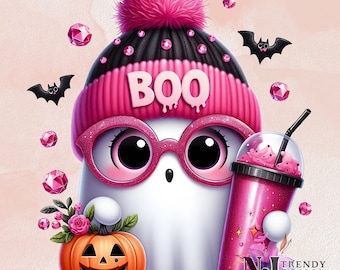 May include: A white ghost character wearing a black and pink beanie with the text BOO, pink glittery glasses, and holding a pink glittery tumbler with a straw. Beside the ghost is an orange jack-o'-lantern with pink flowers and small bats.