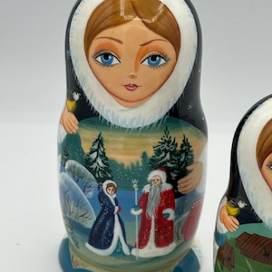 Russian Matryoshka 6&quot; Christmas Nesting Doll with Santa Claus, Ded Maroz, Hand painted wooden Doll signed