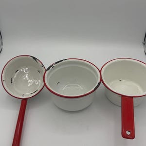 Vintage Enamel Mini Pots Set Red White – Rustic Farmhouse Kitchen Decor – Chippy Enamel Cottagecore Bowls