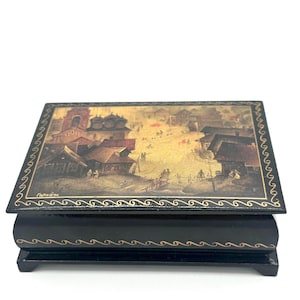 Caja de laca rusa con escena invernal, caja rusa vintage