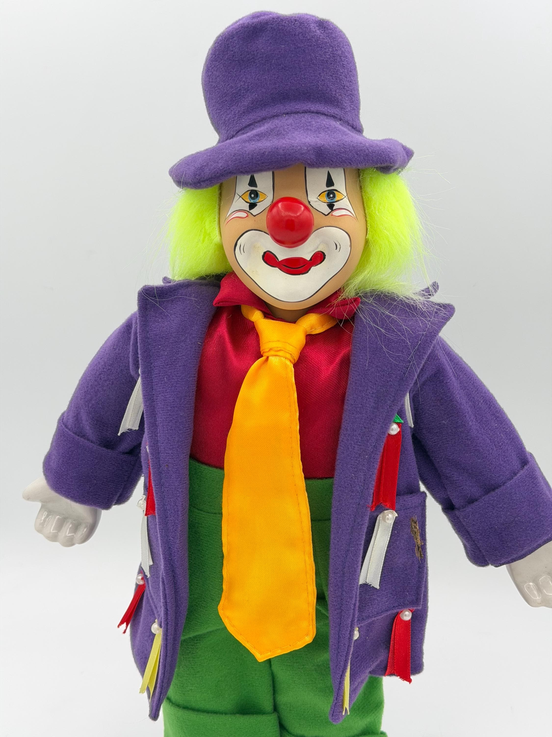 Vintage Clown Doll – Purple Coat, Green Pants, Red Shoes, Retro