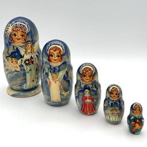Russian Matryoshka 6&quot; Christmas Nesting Doll with Angels, Hand painted wooden Doll signed