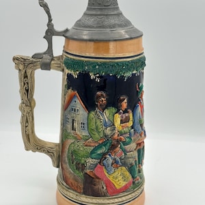 Vintage German Beer Stein with Pewter Lid, &quot;Tanz auf der Alm&quot;, 11&quot; Tall, Beer Mug 1 liter