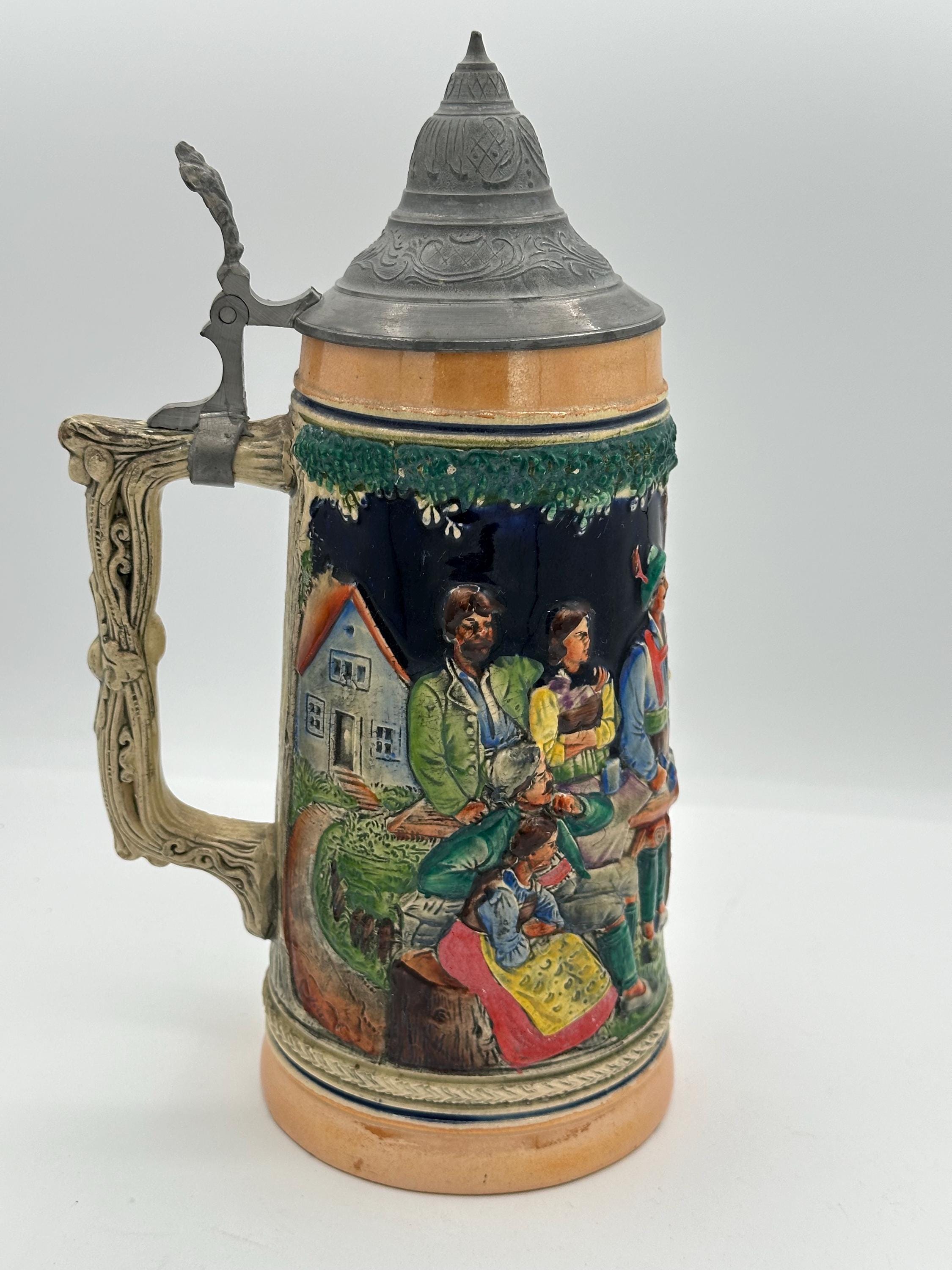 Vintage German Beer Stein with Pewter Lid, "Tanz auf der Alm", 11" Tall, Beer Mug 1 liter