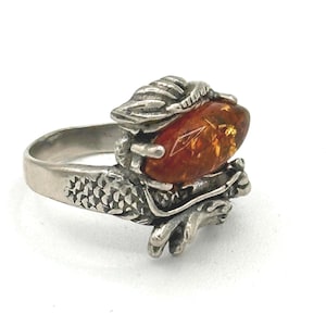 Honey Amber Sterling Silver Ring, Handmade Natural Baltic Amber Ring