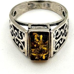 Green Amber Sterling Silver Ring, Baltic Amber