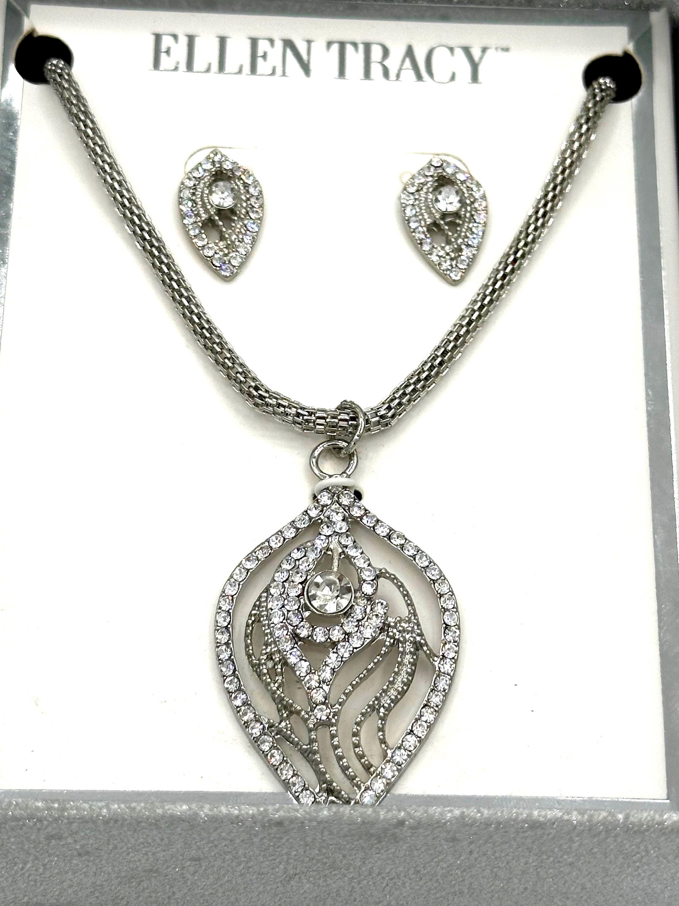 Vintage Ellen Tracy Rhinestone Necklase and Earrings Set in the