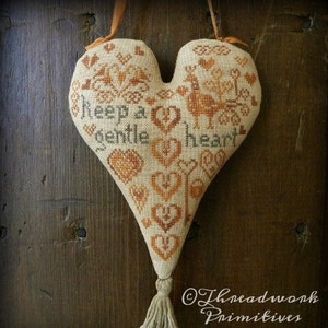 Primitive Cross Stitch Pattern - Cinnamon Hearts