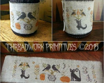 Primitive Cross Stitch Pattern - Halloween Menagerie Drum & Wrap