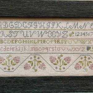 May include: A framed cross-stitch sampler with a pink background and a variety of floral motifs. The sampler includes the alphabet in both uppercase and lowercase letters, as well as numbers.