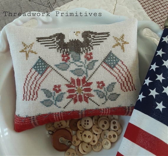 Patriotic Rose ~ Primitive Cross Stitch Pattern