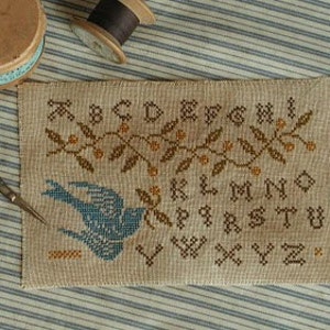 Primitive Cross Stitch Pattern BLUEBIRD SAMPLER