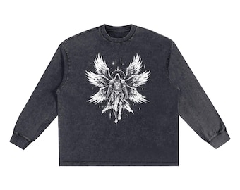 May include: Black long-sleeve shirt with a white graphic print of an angel with wings spread wide.