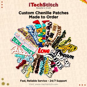 May include: A selection of custom chenille patches in diverse colours and fonts, including the words "Love", "Money", and "Dream". The patches are made to order and feature the text "iTechStitch" and "Needle's Craft".