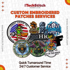 May include: A collection of custom embroidered patches with various designs, including a frog with a gun, a dog with a cowboy hat, and a lizard in a military uniform. The text reads "Custom Embroidered Patches Services".