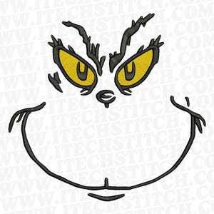 以下が含まれることがあります： Grinchの顔の刺繍デザイン。デザインは、黒いアウトラインの黄色い目、黒い眉、黒い笑顔が特徴です。背景は白で、刺繍プロジェクトに最適です。