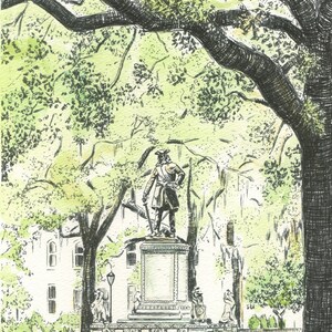 Puede incluir: Una pintura de acuarela de una estatua de un hombre con uniforme militar de pie sobre un pedestal en un parque. La estatua est&aacute; rodeada de &aacute;rboles y arbustos. La pintura est&aacute; hecha en tonos de verde, marr&oacute;n y blanco.