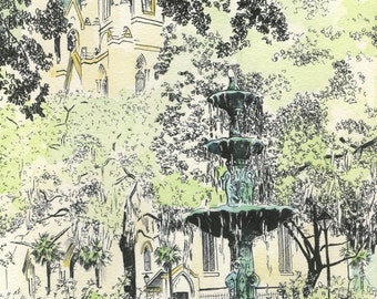 Savannah Lafayette Square Fountain -  Hand Painted Watercolor Fine Art Print - Signed by artist, Heather L Young - Wedding Engagement Gift