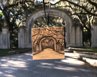 Wormsloe Savannah Gate Christmas Ornament - Pen and Ink Drawing - Art on Wood - Hand Signed
