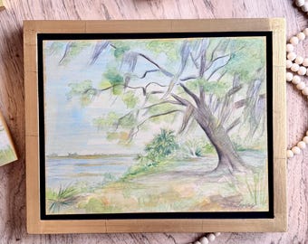 Leaning Oak - Original Drawing and Watercolor Painting on Wood - Lowcountry Landscape - Southern Decor