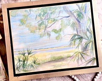 Gold Marsh Horizon - Original Drawing with Watercolor Washes on Wood - Vintage Style Coastal Landscape