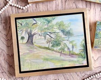 Bluff Giant - Original Drawing with Watercolor Washes on Wood - Vintage Style Lowcountry Landscape