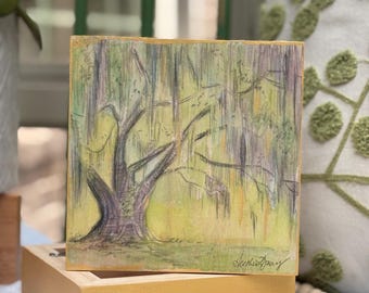 Sprawling Live Oak Tree Original Drawing with Watercolor Washes on Wood, Southern Decor, Nature Inspired, Lowcountry Landscape