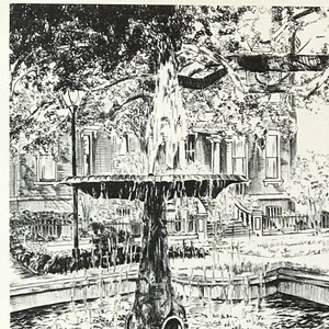 Columbia Square Fountain Savannah Georigia Pen and Ink Drawing Signed Fine Art Print Black and White Line Art Couple Wedding Gift image 3