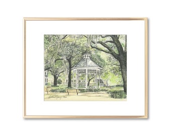 Whitefield Square Savannah Georgia - Wedding Gazebo - Hand Painted Watercolor Painting - Fine Art Print - Pen and Ink Drawing - Couple Gift