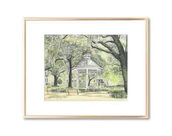Whitefield Square, Savannah, Georgia - Gazebo para bodas - Acuarela pintada a mano - Impresión artística - Dibujo a pluma y tinta - Regalo para parejas